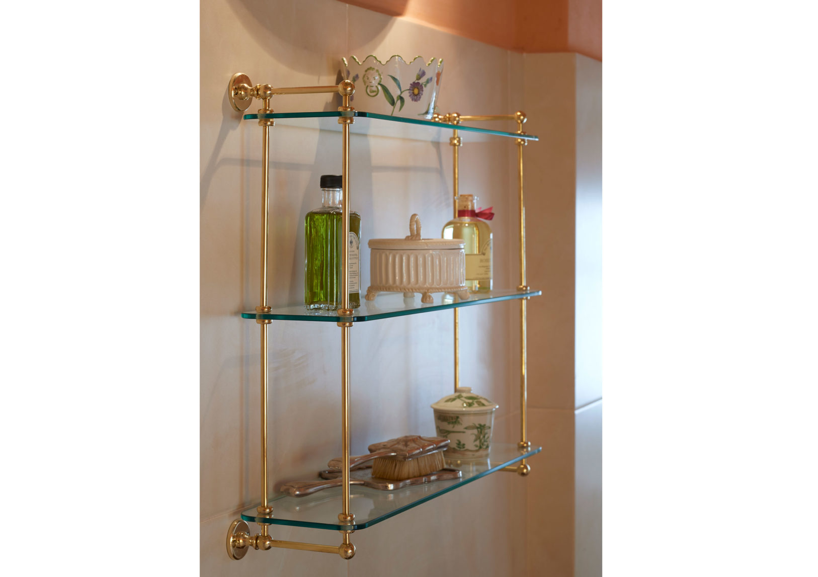 Polished Brass Plumbing and Glass Bar Shelves - Contemporary - Kitchen