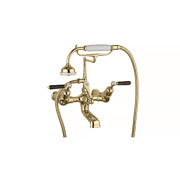 The Coll Classic Wall Mounted Bath & Shower Mixer with walnut handles in brass finish