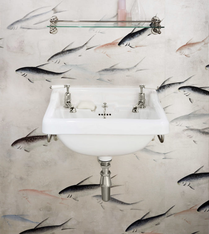 The Syre china wall mounted vanity basin in nickel finish