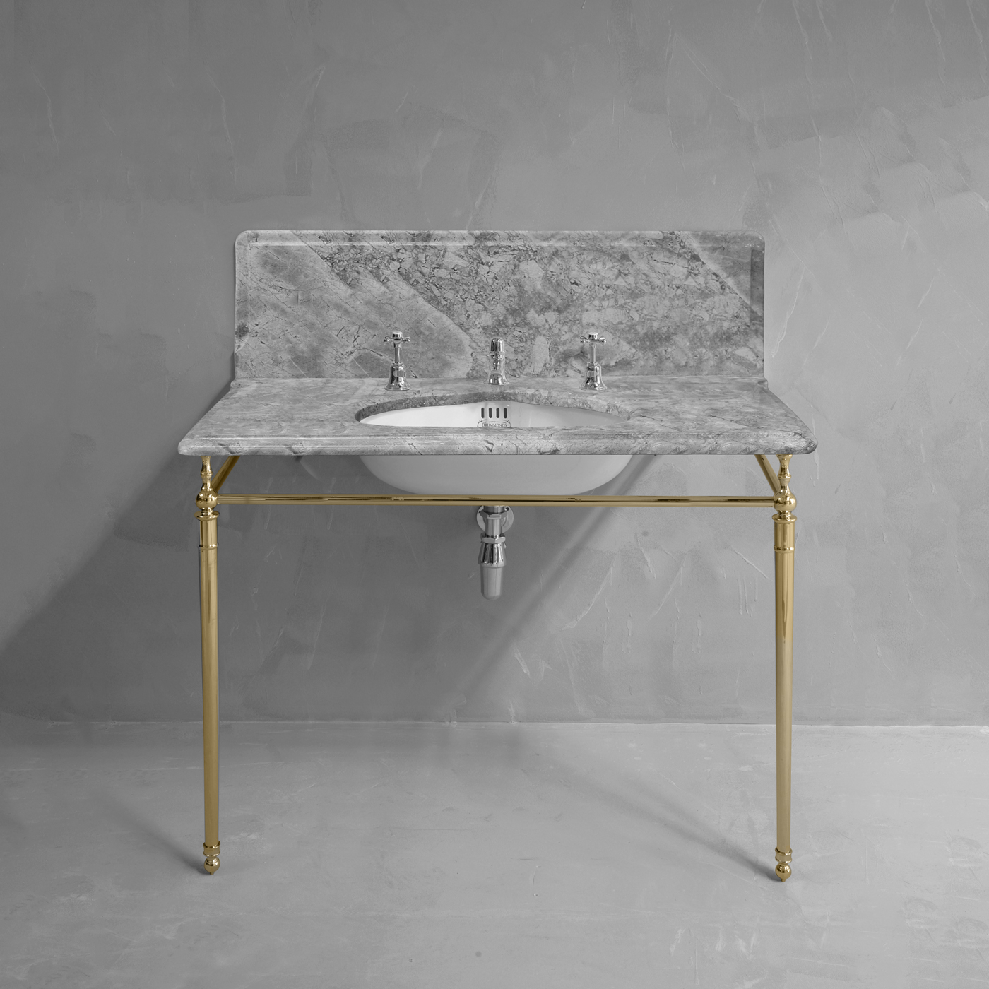 Traditional vanity unit in grey marble with brass stand. Illustration of the Bespoke Single Vanity Basin product.