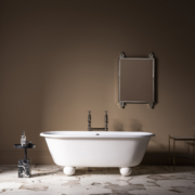 The Newton Cast Iron Bath Tub With Ball Feet has generous rounded proportions and unique ball feet for a timeless contemporary silhouette. Appearing to float ethereally, the design juxtaposes its traditional cast-iron construction.