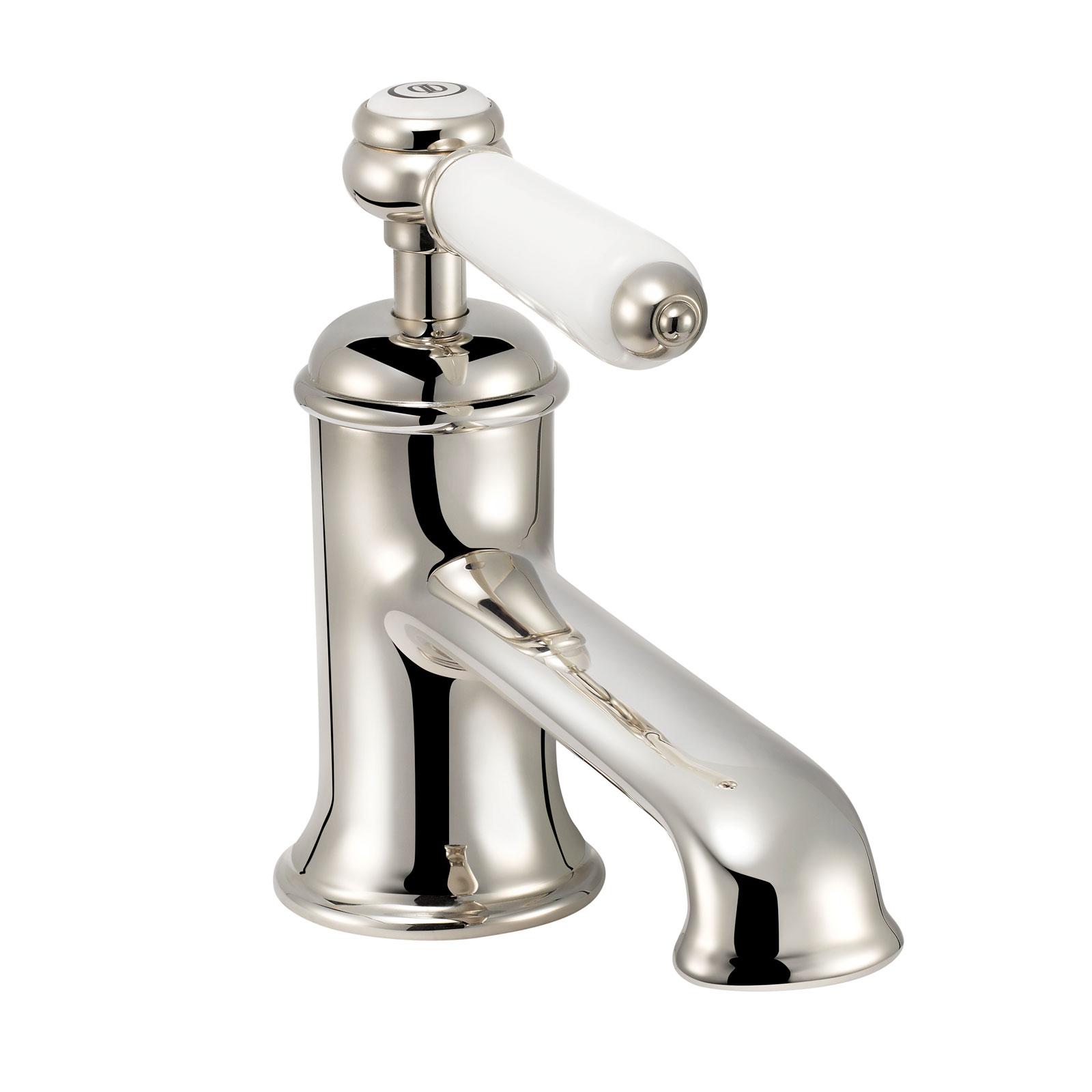 Drummonds Nickel Coll Monoblock lever Tap with Ceramic or China Handle on white background