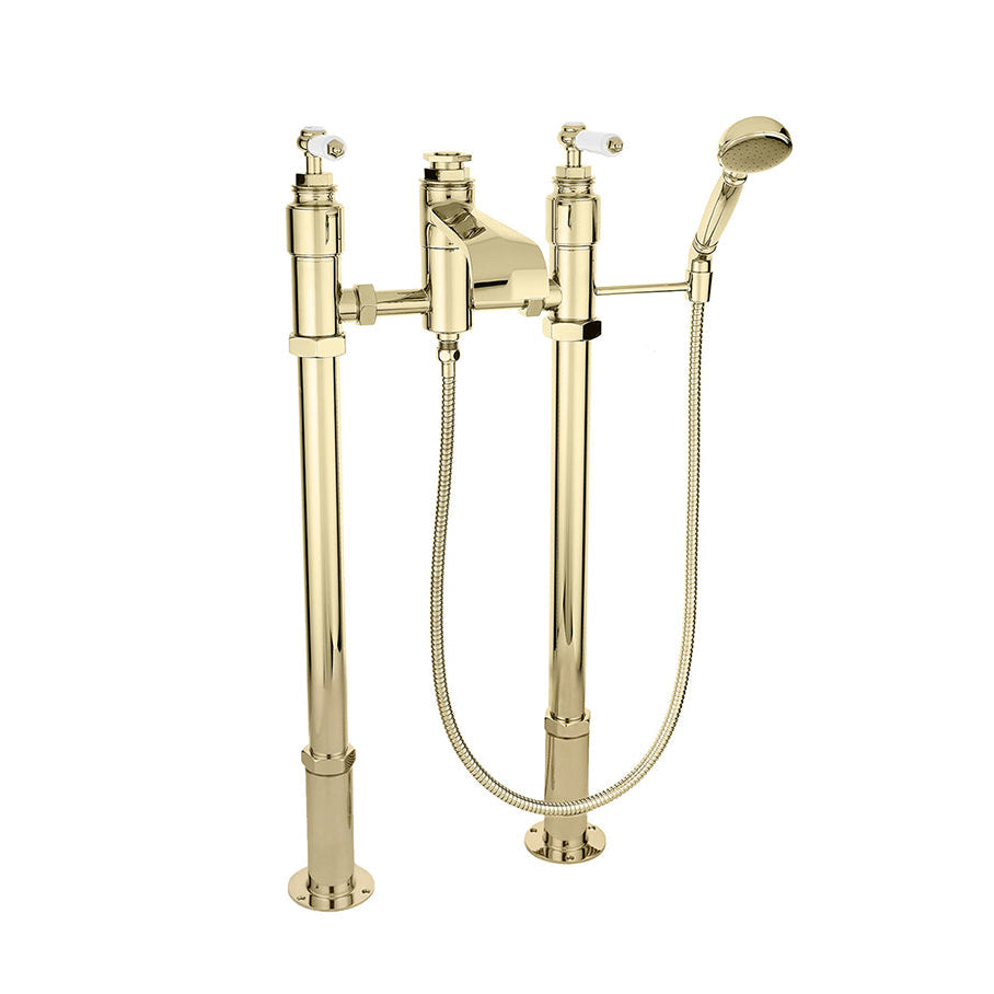 Chrome bathtub faucet with handheld shower on a white background